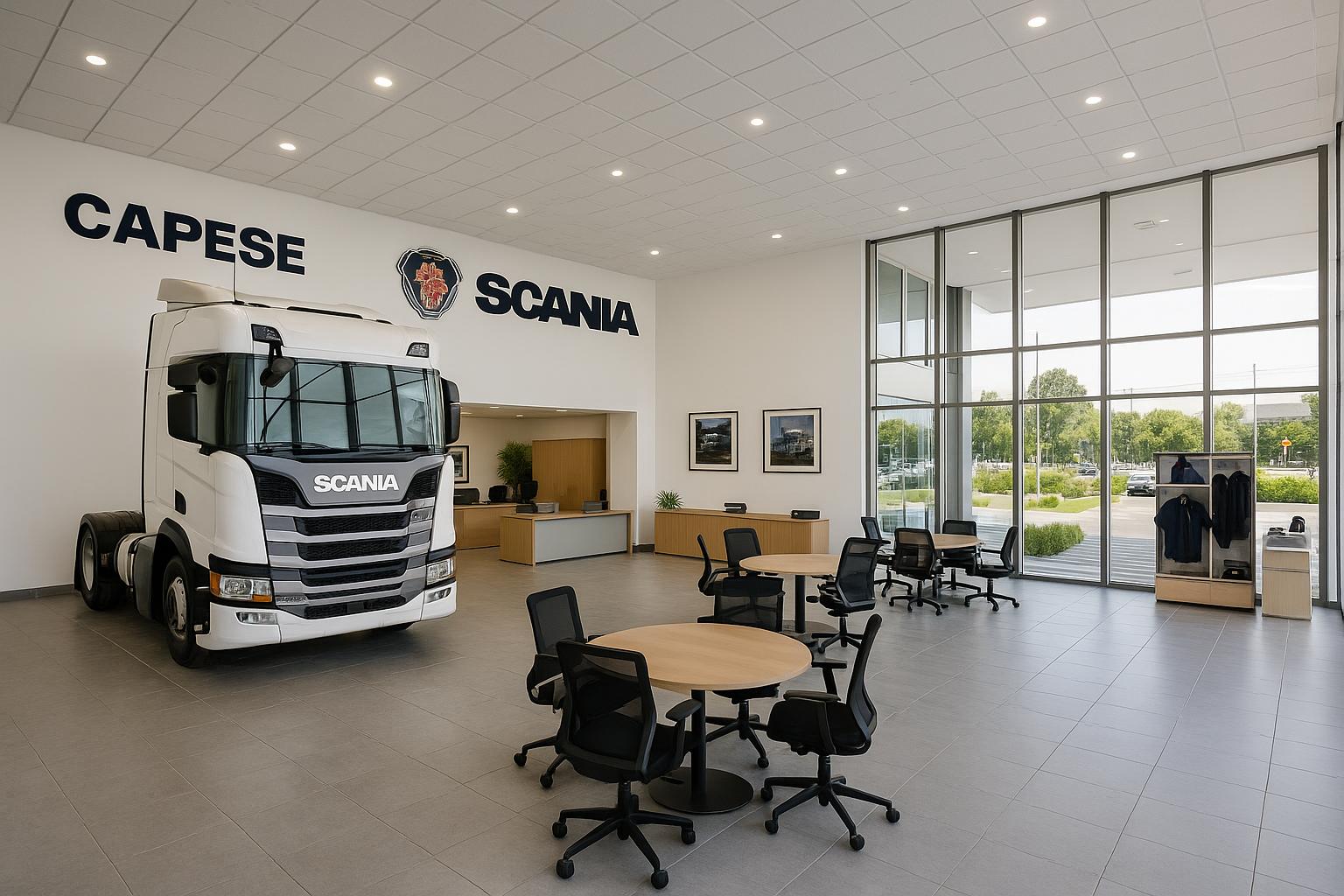 Showroom da CAPESA com caminhões Scania